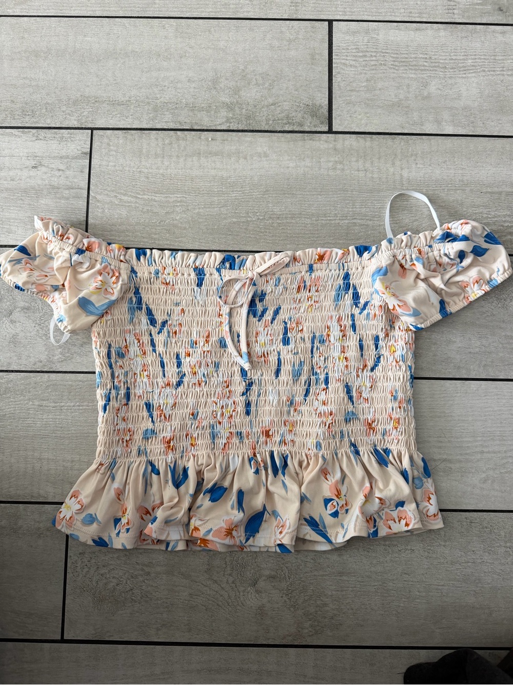 BCBGeneration Cream Floral Smocked Off-Shoulder Crop Top with Blue Accents